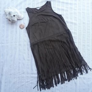 Olive boho faux suede fringe dress